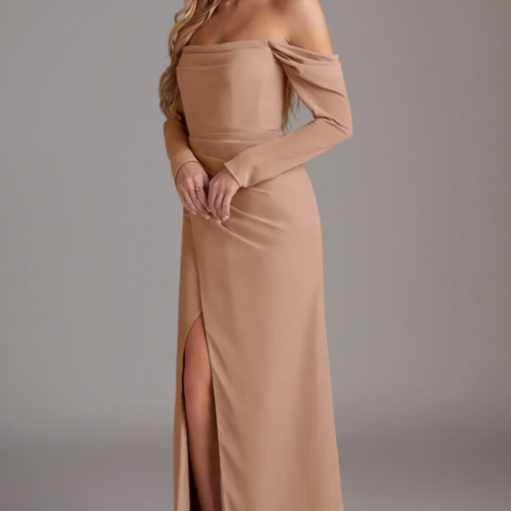 Azazie Hallie Champagne Rose Mermaid Long Sleeve Chiffon Dress - Picture 1 of 4